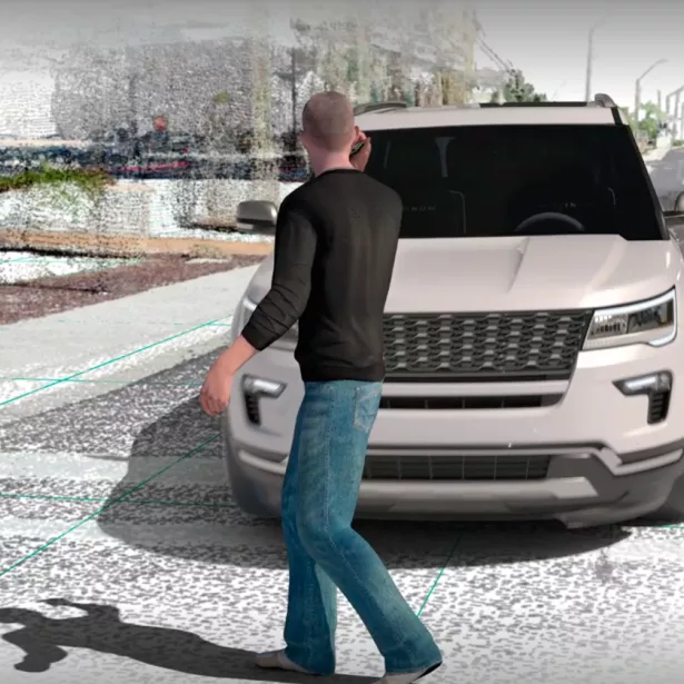 A recreation of a man on a cell phone walking in front of a white SUV.  